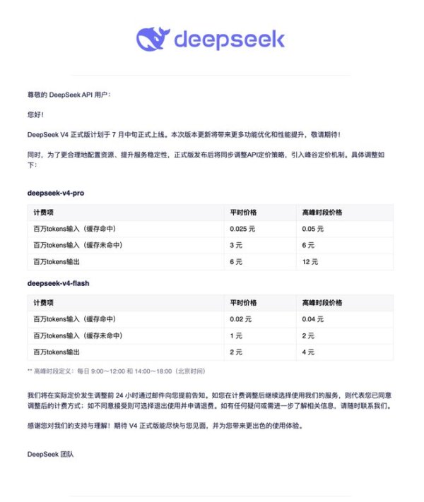 DeepSeek V4正式版7月中旬上线, 高峰时段API价格翻倍